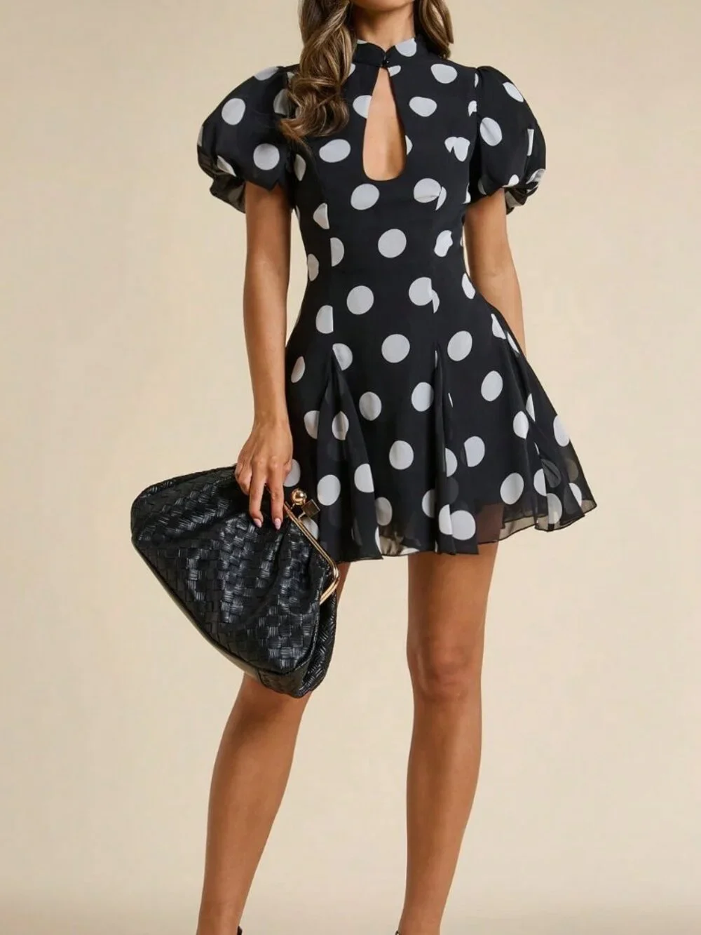 Black and White Casual Women's Polka Dot Qipao Puff Sleeve Mini Dress